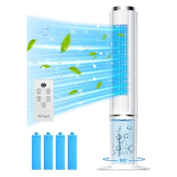 GPL Air Cooler for Home, 107CM Tower Cooler w/Remote & LED Touch Screen, 4 Mode & 3 Speed, 12H Timer, 26 Feet Air Delivery, 4L Water Tank, 4 Ice Packs, 70° Swing Control, 80W Low Power Consumption
