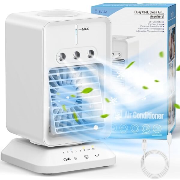 GPL Mini Cooler with 90° Rotate, 4H Timer, 3-Level Mist, 300ml Ice Chamber, USB Operated Mini Air Cooler for Room Cooling, 3 Speeds Strong Airflow, Personal Cooling Fan for Home, Kitchen, Office